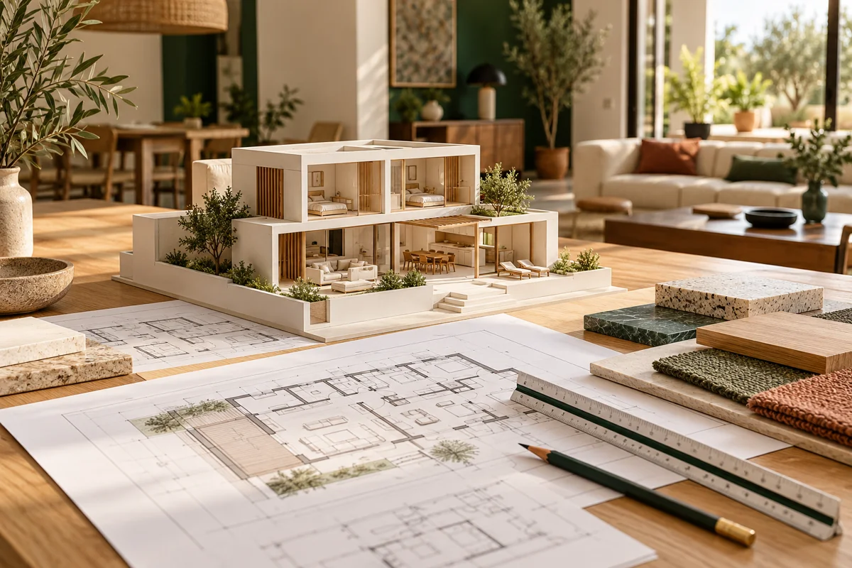 Maqueta de vivienda sobre planos y muestras de materiales