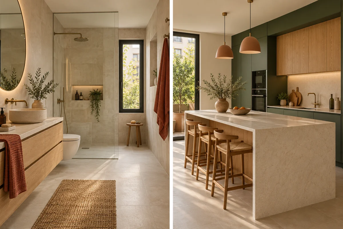 Baño con ducha acristalada y cocina con isla de piedra y madera