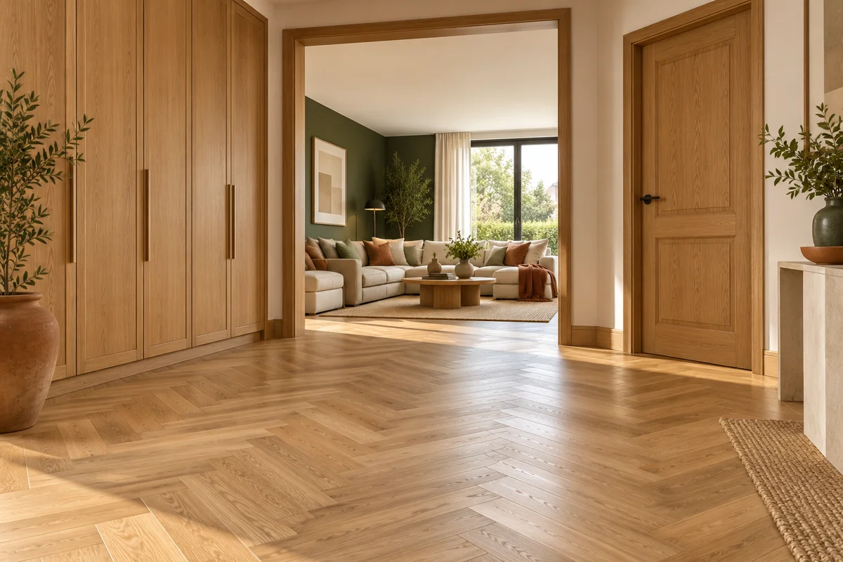 Suelo de madera en espiga y armarios y puertas de roble