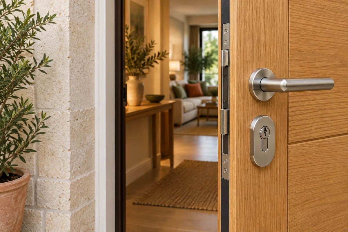Detalle de puerta de madera con manilla y cerradura metálicas