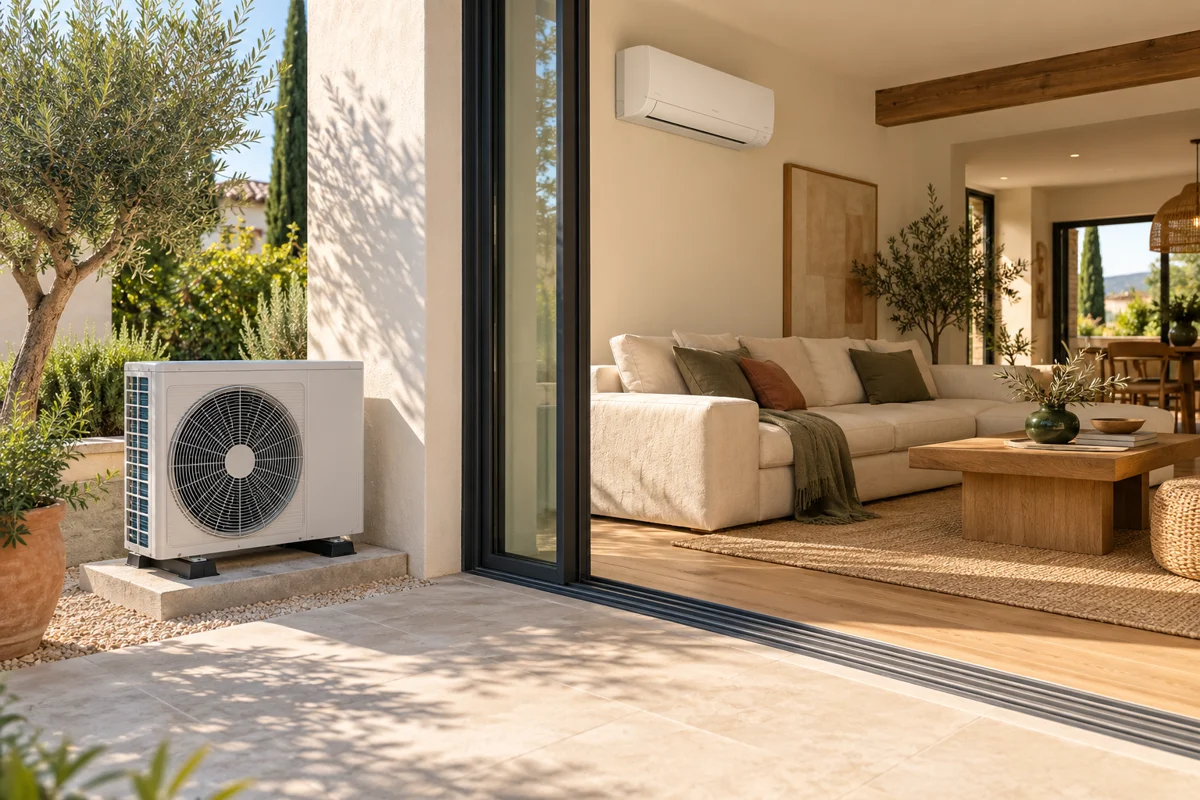 Equipo exterior de climatización y aire acondicionado en un salón