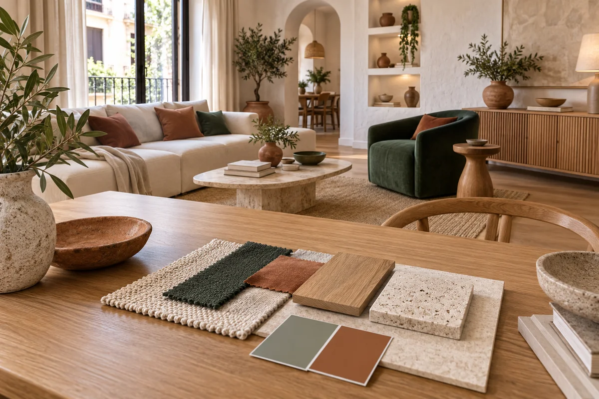 Salón decorado con muestras de tejidos, madera y piedra
