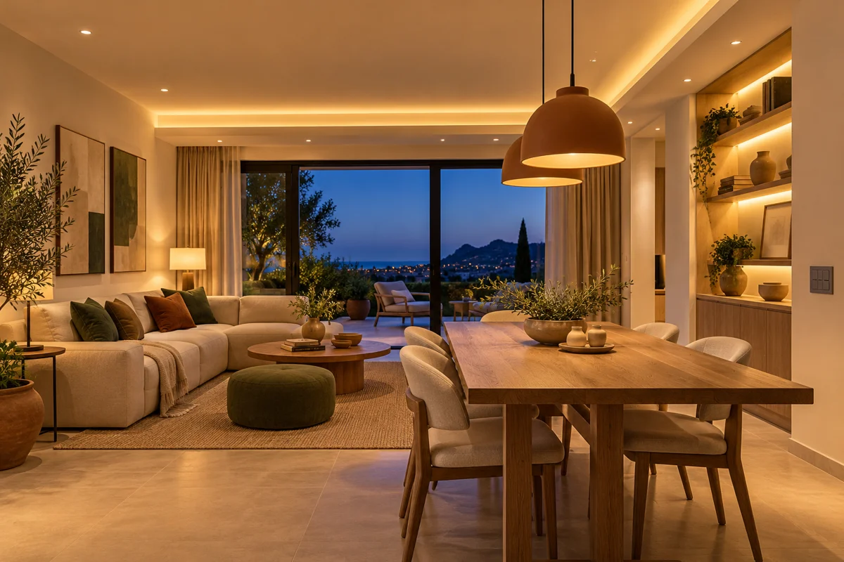 Salón comedor con iluminación cálida en techo, lámparas y estanterías