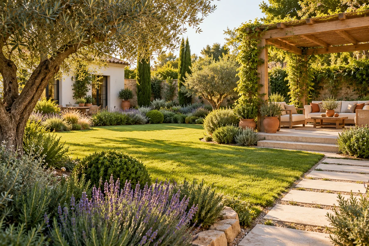 Jardín con césped, plantas mediterráneas y pérgola