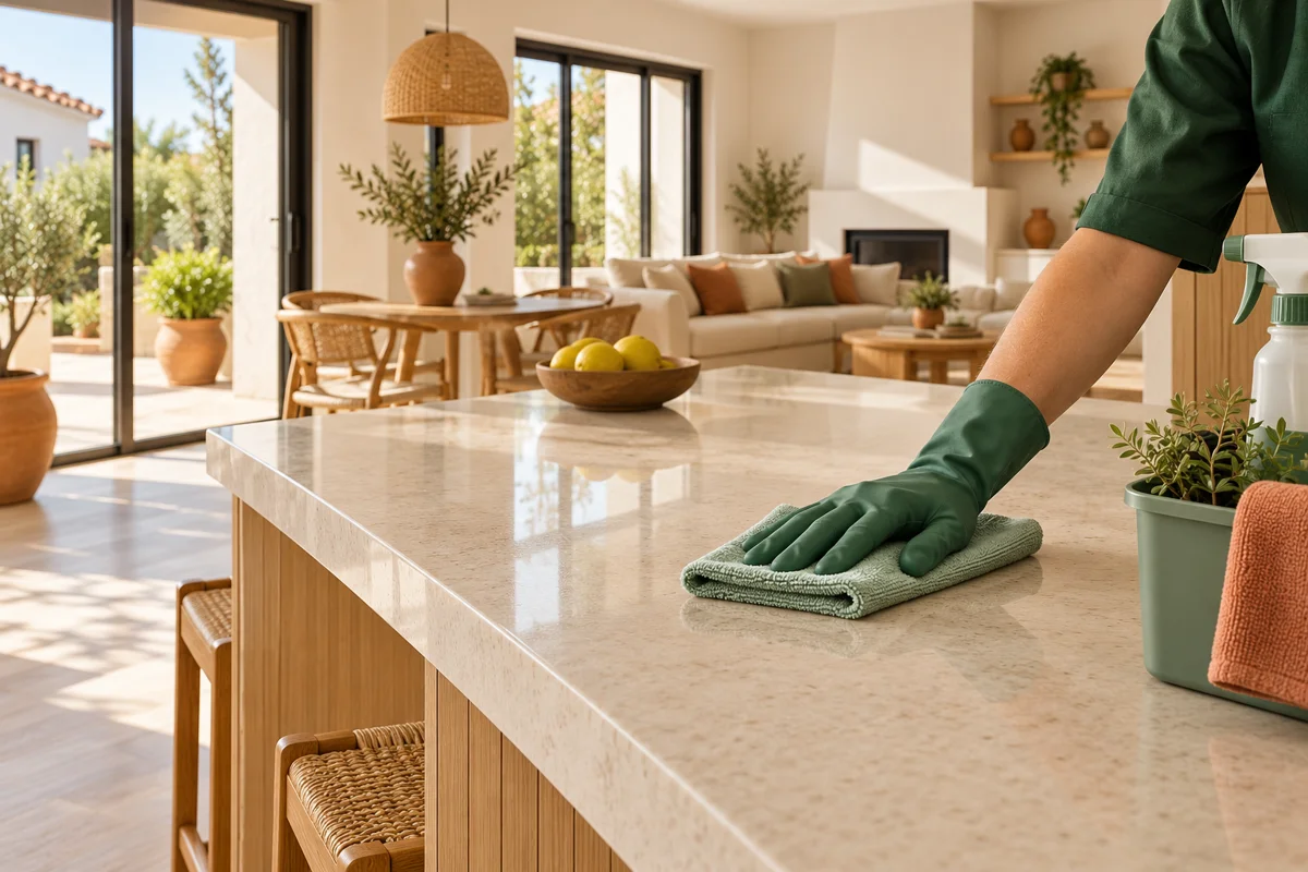 Limpieza profesional de una encimera en una vivienda renovada