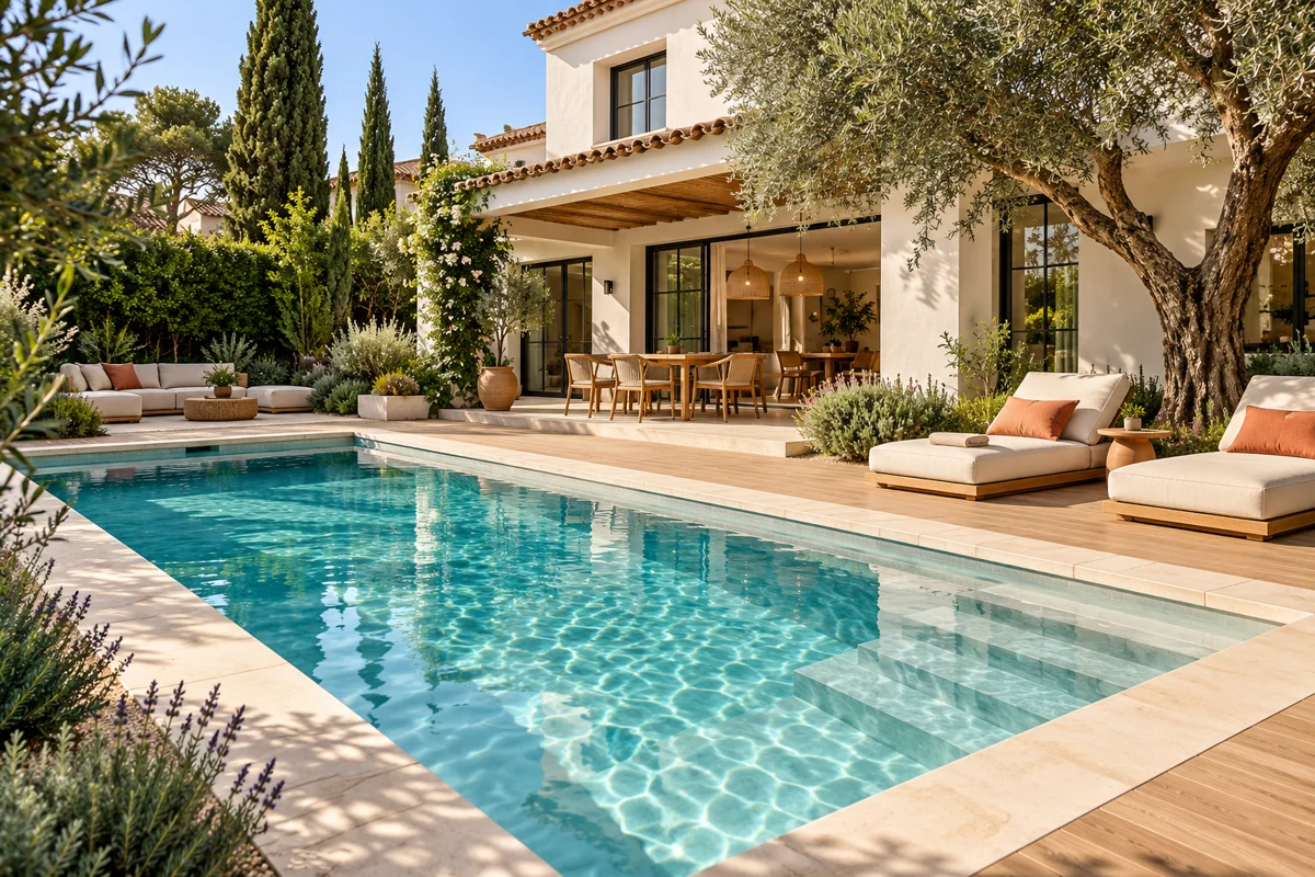 Piscina residencial con agua cristalina y terraza de piedra clara