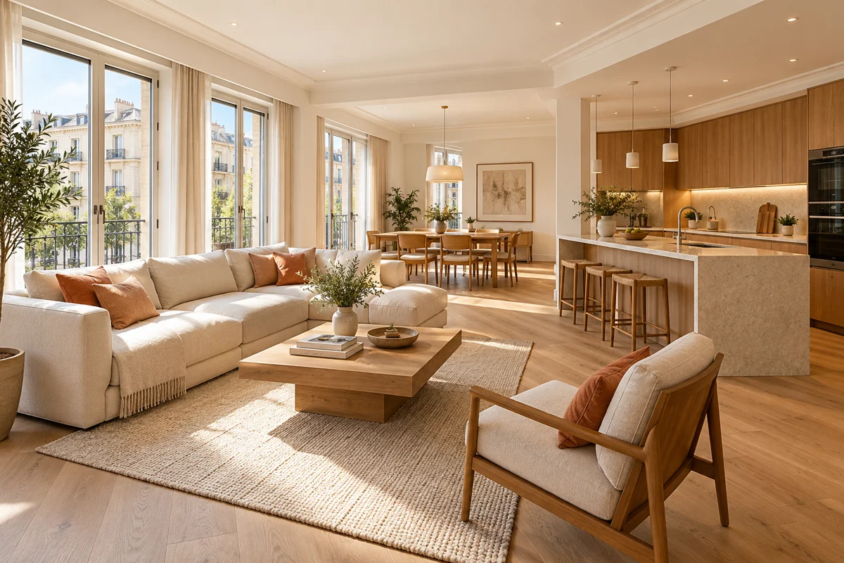 Salón, comedor y cocina conectados en una vivienda renovada