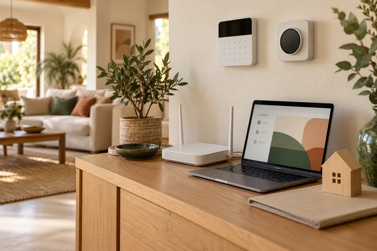 Hogar conectado con router wifi, ordenador y dispositivos de alarma y climatización