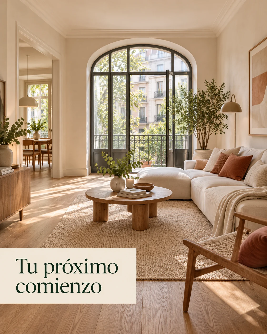 Salón luminoso con sofá claro, madera natural y el texto Tu próximo comienzo
